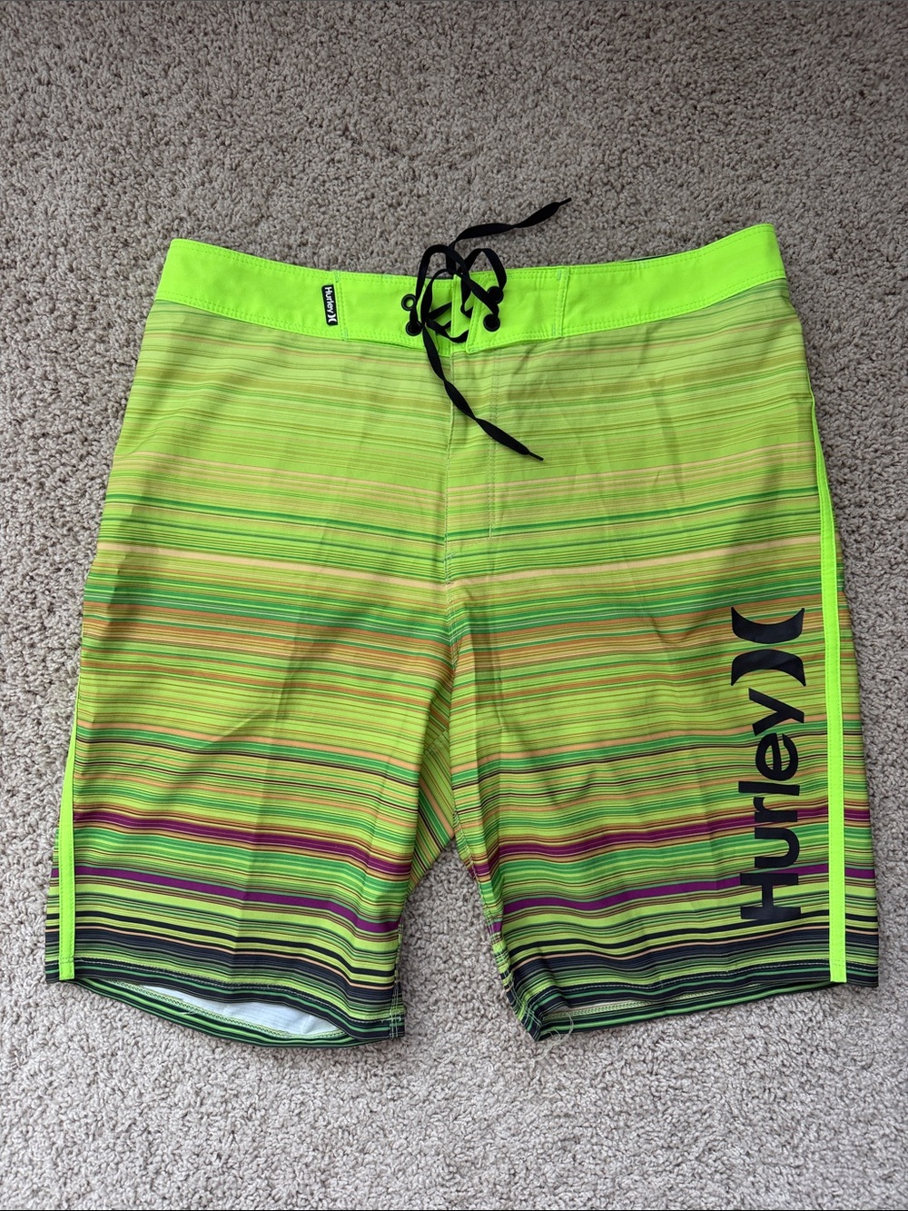 Hurley Men’s Neon Lime Striped Boardshorts with Black Logo